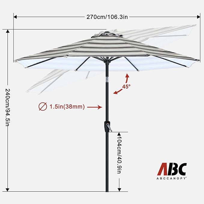 ABCCANOPY 9FT Outdoor Patio Umbrella, 8 Ribs Table Umbrella w/Crank for Easy Set Up, Suitable for Garden, Lawn, Deck & Backyard (Dark Blue Stripes)