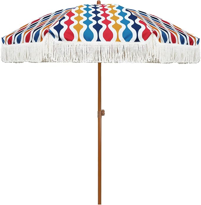 AMMSUN 7ft Patio Umbrella with Fringe Outdoor Tassel Umbrella UPF50+ Premium Steel Pole and Ribs Push Button Tilt, Wave Colorful