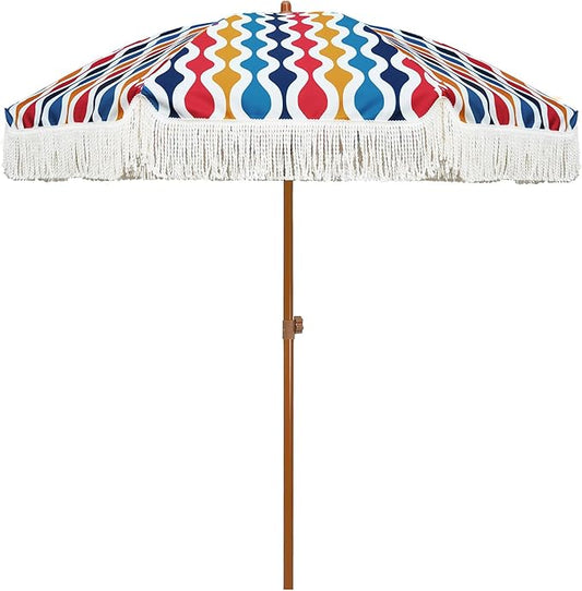 AMMSUN 7ft Patio Umbrella with Fringe Outdoor Tassel Umbrella UPF50+ Premium Steel Pole and Ribs Push Button Tilt, Wave Colorful