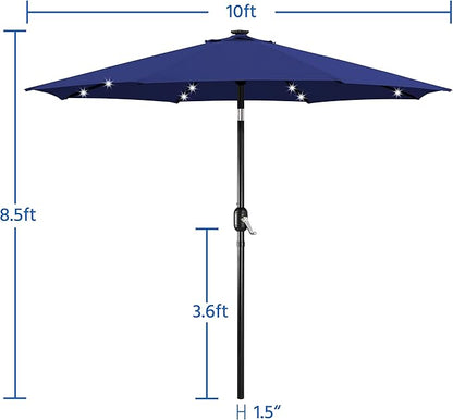 Yaheetech 10FT Solar Patio Umbrella 32 LED Lighted Table Market Umbrella with Tilt and Crank for Garden, Deck, Backyard, Pool and Beach, Navy Blue