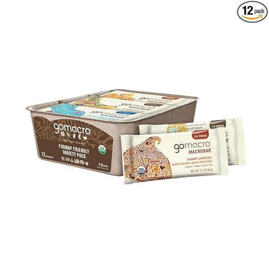 GoMacro MacroBar Organic Vegan Protein Bars - FODMAP Friendly Variety Pack (2.0-2.3 Ounce Bars, 12 Count)