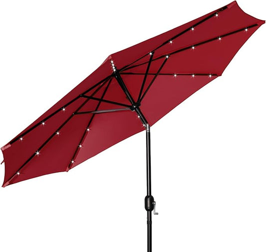 9FT LED Patio Umbrella, Solar Outdoor Umbrellas with LED Lights, Deck Umbrella with Push Button Tilt and Crank, UV Protection Waterproof for Pool, Porch, Garden, Deck, Backyard. (Red)