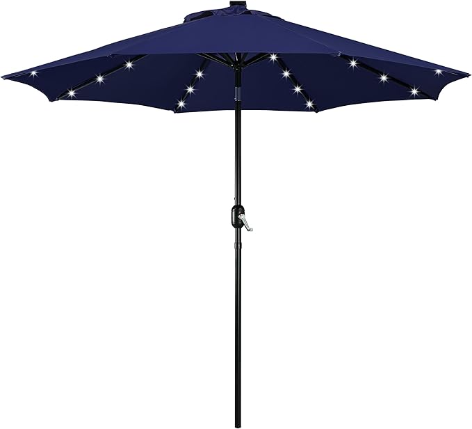 Yaheetech 9FT Solar Powered Patio Umbrella - UV Protection Market Table Umbrella w/ 32 LED Lights & Push Button Tilt & Crank Lift System for Garden/Lawn/Deck/Backyard/Pool, Navy Blue