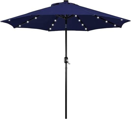 Yaheetech 9FT Solar Powered Patio Umbrella - UV Protection Market Table Umbrella w/ 32 LED Lights & Push Button Tilt & Crank Lift System for Garden/Lawn/Deck/Backyard/Pool, Navy Blue