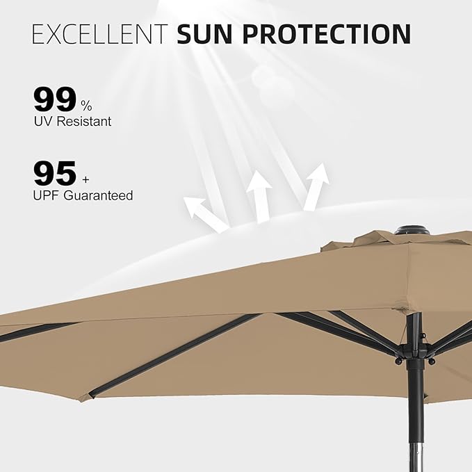 wikiwiki 10 FT Patio Umbrellas Outdoor Table Market Umbrella with Push Button Tilt/Crank, 8 Sturdy Ribs, Fade Resistant Waterproof POLYESTER DTY Canopy for Garden, Lawn, Deck, Backyard & Pool, Tan