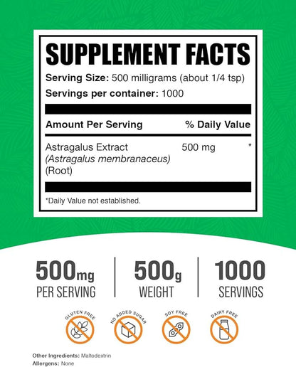 BulkSupplements.com Astragalus Extract Powder - from Astragalus Root, Astragalus Supplement - Vegan & Gluten Free, Astragalus Powder - 500mg per Serving, 500g (1.1 lbs) (Pack of 1)