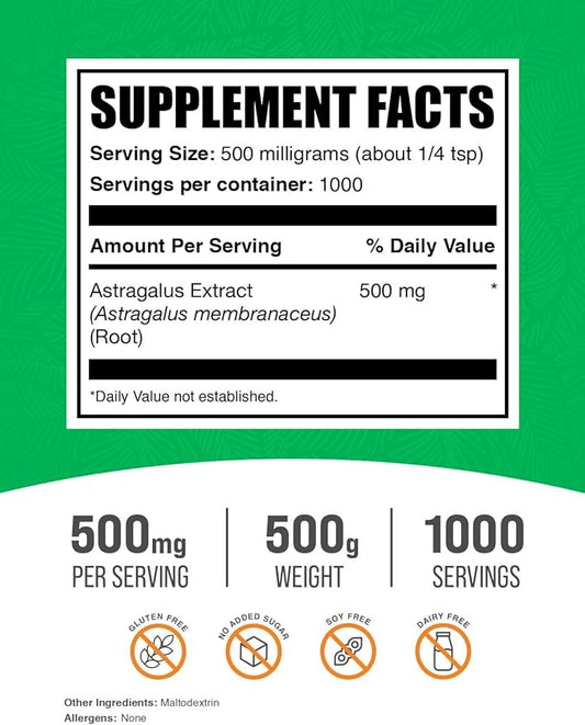 BulkSupplements.com Astragalus Extract Powder - from Astragalus Root, Astragalus Supplement - Vegan & Gluten Free, Astragalus Powder - 500mg per Serving, 500g (1.1 lbs) (Pack of 1)