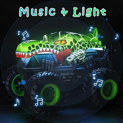 1:20 RC Car for Kids, 2.4GHz Remotes, Green Dinosaur Monster Truck Toys, All Terrain Stunt Remote Control Car with Music, Light, 2 Rechargeable Batteries, Gift Present for Boys/Girls Ages 3+