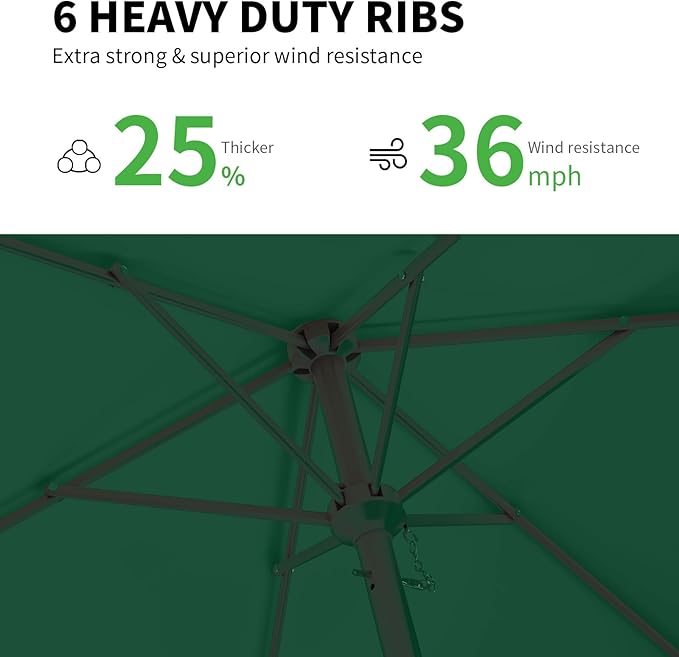 6.5 * 10FT Rectangular Patio Umbrella Table Market Umbrella w/Tilt and Crank Outdoor Umbrellas for Garden, Deck, Backyard, Pool and Beach, Dark Green