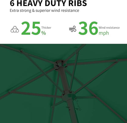 6.5 * 10FT Rectangular Patio Umbrella Table Market Umbrella w/Tilt and Crank Outdoor Umbrellas for Garden, Deck, Backyard, Pool and Beach, Dark Green