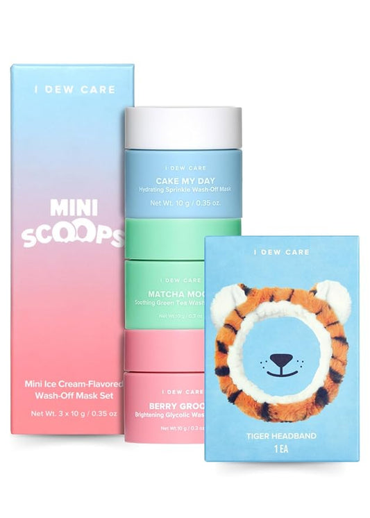 I DEW CARE Wash Off Face Mask Skin Care Set - Mini Scoops + Face Wash Headband - Tiger Headband Bundle