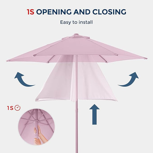 7.5ft Outdoor 1S Push-Up Patio Umbrella - Market Table Pool Deck Umbrella UPF50+ UV Protection with 6 Sturdy Ribs for Balcony, Garden, Lawn, Backyard (Light Pink)