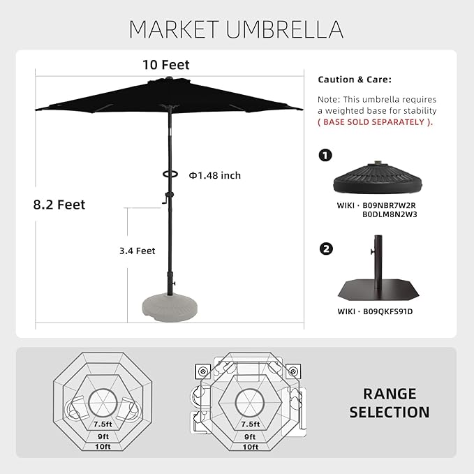 wikiwiki 10 FT Patio Umbrellas Outdoor Table Market Umbrella with Push Button Tilt/Crank, 8 Sturdy Ribs, Fade Resistant Waterproof POLYESTER DTY Canopy for Garden, Lawn, Deck, Backyard & Pool, Black