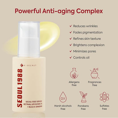 K-SECRET SEOUL 1988 Retinal Serum: Retinol Serum for Face Anti Aging Wrinkle Care - 2% Retinal Liposome Black Ginseng Niacinamide Bakuchiol Vitamin C & 3 Peptides - Korean Skincare Fragrance Free 30mL