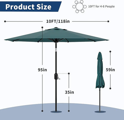 10Ft Patio Umbrella - 8 Sturdy Ribs Outdoor Table Umbrella with Crank Lift & Push Button Tilt - Market Umbrella for Pool, Deck, Yard, Garden - Turquoise