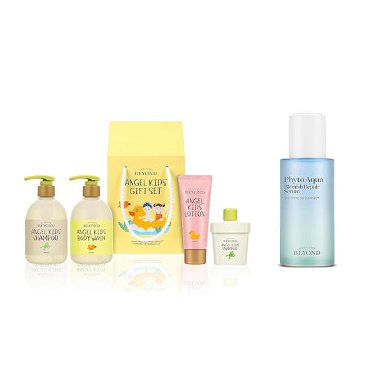 BEYOND Angel Kids Baby Bath Gift Set (25.7fl oz , 3-Piece Bath & Shower Set) & Phyto Aqua Repair Face Serum (1.35 fl oz) - Vegan Formula Korean Skin Care for Clear & Moisturized Skin