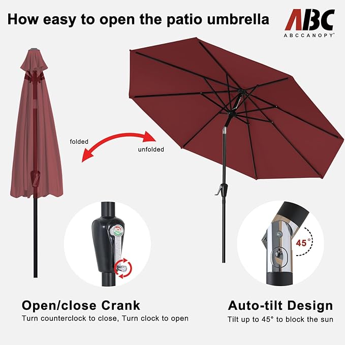 ABCCANOPY 9FT Outdoor Patio Umbrella, 8 Ribs Table Umbrella w/Crank for Easy Set Up, Suitable for Garden, Lawn, Deck & Backyard (Burgundy)