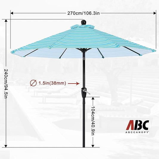 ABCCANOPY 9FT Patio Umbrella - Outdoor Waterproof Table Umbrella with Push Button Tilt and Crank, 8 Ribs UV Protection Pool Umbrella for Garden, Lawn, Deck & Backyard (Turquoise Stripes)