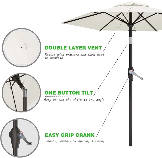 7.5FT Patio Umbrella Table Market Umbrella w/Tilt and Crank Heavy-Duty Round Outdoor Umbrellas for Garden, Deck, Backyard, Pool and Beach, Cream-White