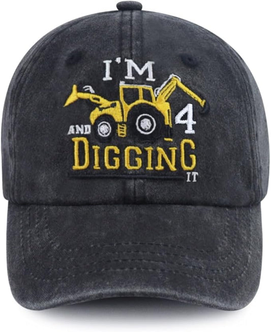 I'm 3/4/5/6/7/8/9 and Digging It Hats for Boys Girls, Funny Embroidered Toddler Excavator Birthday Baseball Cap