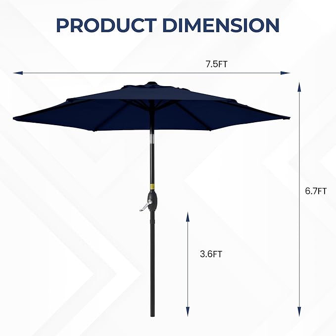 SUNVIVI OUTDOOR 7.5' Outdoor Patio Umbrella, Patio Umbrella, Market Umbrella, Metal Pole Umbrella with Push Button Tilt and Crank, 6 Ribs, Polyester Canopy