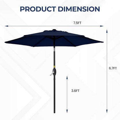 SUNVIVI OUTDOOR 7.5' Outdoor Patio Umbrella, Patio Umbrella, Market Umbrella, Metal Pole Umbrella with Push Button Tilt and Crank, 6 Ribs, Polyester Canopy