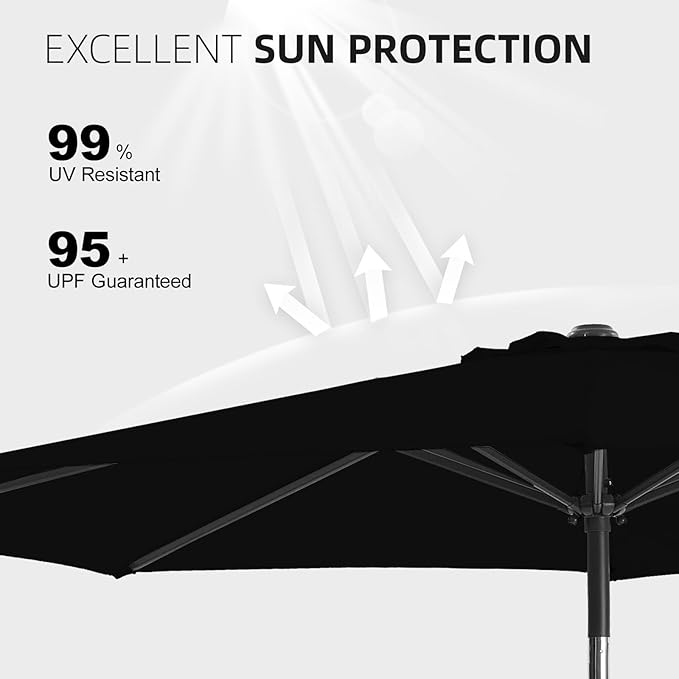 wikiwiki 10 FT Patio Umbrellas Outdoor Table Market Umbrella with Push Button Tilt/Crank, 8 Sturdy Ribs, Fade Resistant Waterproof POLYESTER DTY Canopy for Garden, Lawn, Deck, Backyard & Pool, Black