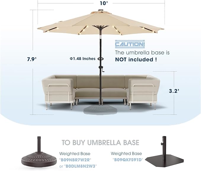 wikiwiki 10ft Solar Led Patio Umbrella, Sturdy Outdoor Market Umbrella for Deck, Pool, Garden w/Tilt, Crank, 32 LED Lights, Beige