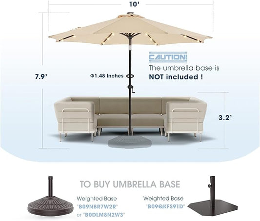 wikiwiki 10ft Solar Led Patio Umbrella, Sturdy Outdoor Market Umbrella for Deck, Pool, Garden w/Tilt, Crank, 32 LED Lights, Beige