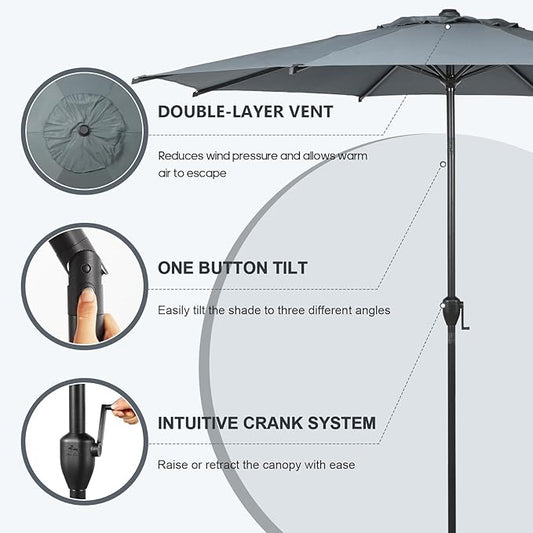 Abba Patio 9FT Lyon Outdoor Patio Umbrella Outdoor Table Umbrella with Push Button Tilt and Crank Market Umbrella 8 Sturdy Ribs UV Protection Waterproof for Garden Deck Backyard Pool Grey