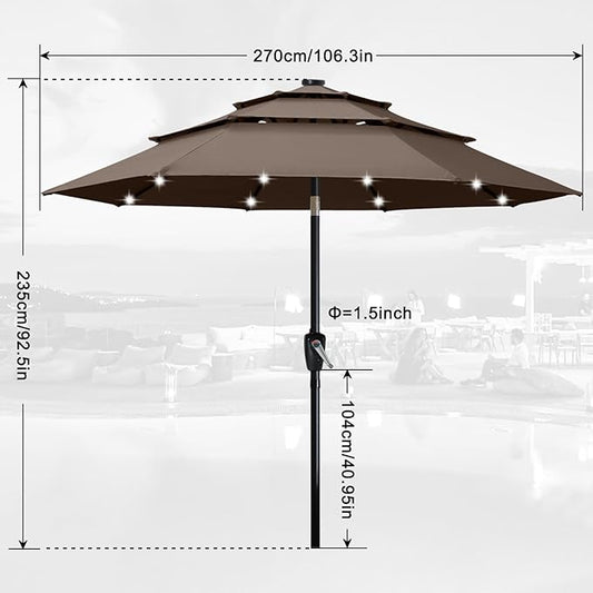 ABCCANOPY Solar Led Patio Umbrellas 3-Tiers 9FT (Brown)