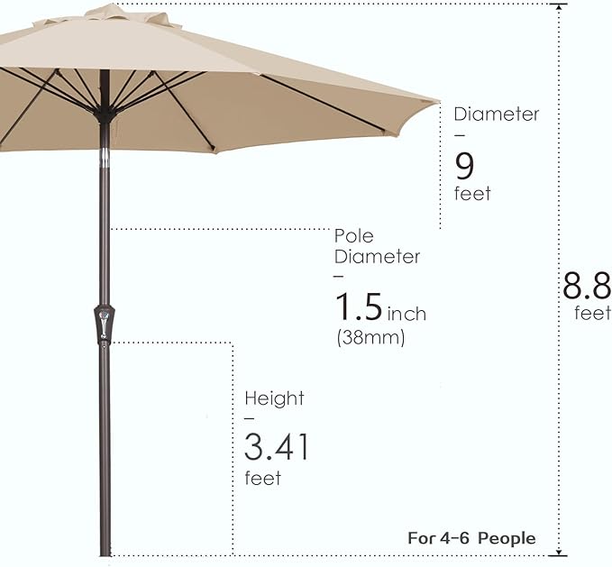 PatioKingdom 9FT Patio Outdoor Umbrella-UPF 50+ Sun Shade with Wind Vent, Push-Button Tilt & Smooth Crank Lift, Rust-Resistant Fiberglass Frame for Garden, Backyard,Yard