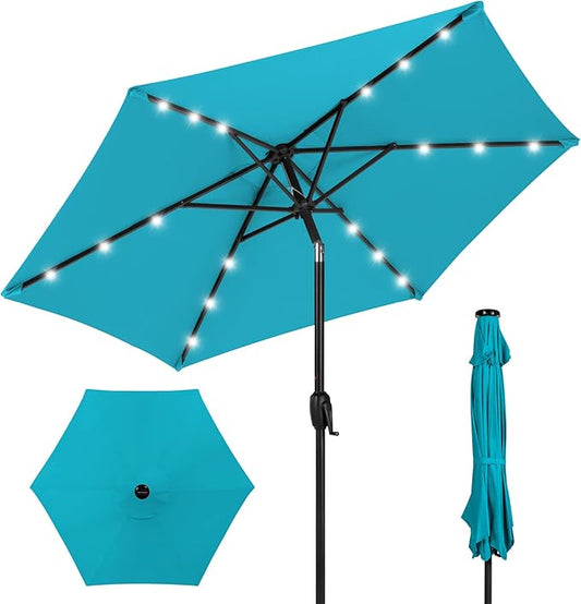 Best Choice Products 7.5ft Outdoor Solar Market Table Patio Umbrella for Deck, Pool w/Tilt, Crank, LED Lights - Sky Blue