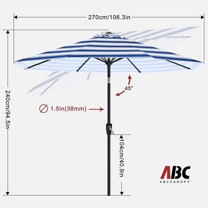 ABCCANOPY 9FT Outdoor Patio Umbrella, 8 Ribs Table Umbrella w/Crank for Easy Set Up, Suitable for Garden, Lawn, Deck & Backyard (Blue White Stripes)