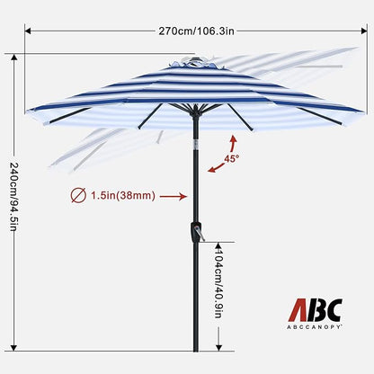 ABCCANOPY 9FT Outdoor Patio Umbrella, 8 Ribs Table Umbrella w/Crank for Easy Set Up, Suitable for Garden, Lawn, Deck & Backyard (Blue White Stripes)