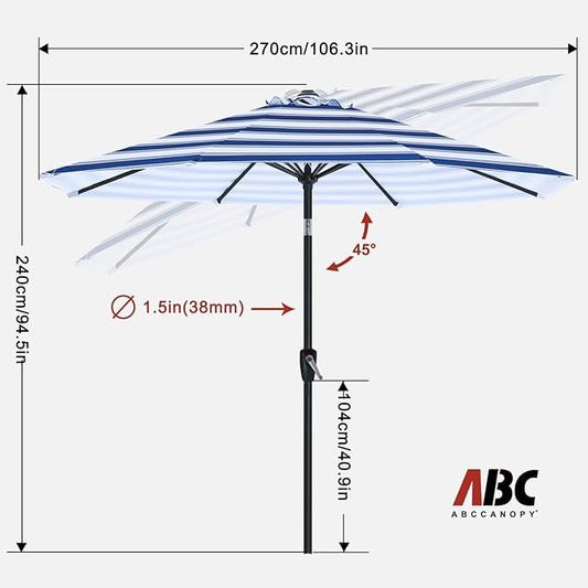 ABCCANOPY 9FT Outdoor Patio Umbrella, 8 Ribs Table Umbrella w/Crank for Easy Set Up, Suitable for Garden, Lawn, Deck & Backyard (Blue White Stripes)