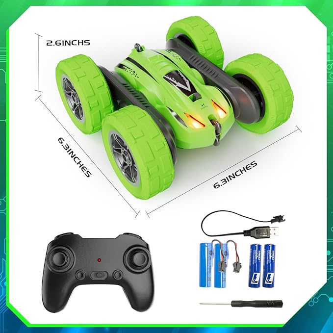 Remote Control Car Fast RC Cars,2.4Ghz Double Sided 360° Rotating RC Stunt Cars with Headlights,All Terrain Rechargeable Car Toys for Boys Ages 5-7 8-12,Birthday Gifts for Kids Green