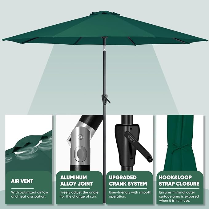 Tempera Patio Market Outdoor Table Umbrella with Push Button Tilt and Crank,Large Sun Umbrella with Sturdy Pole&Fade resistant canopy,Easy to set