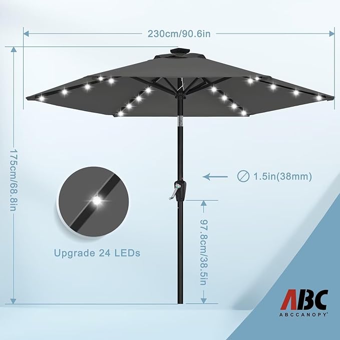 ABCCANOPY Durable Solar Led Patio Umbrellas with 24LED Lights 7.5FT (Dark Gray)
