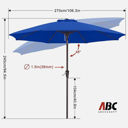 ABCCANOPY 9FT Outdoor Patio Umbrella, 8 Ribs Table Umbrella w/Crank for Easy Set Up, Suitable for Garden, Lawn, Deck & Backyard (Blue)
