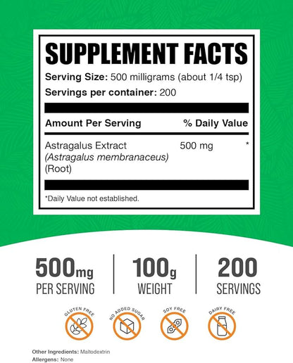 BulkSupplements.com Astragalus Extract Powder - from Astragalus Root, Astragalus Supplement - Vegan & Gluten Free, Astragalus Powder - 500mg per Serving, 100g (3.5 oz) (Pack of 1)