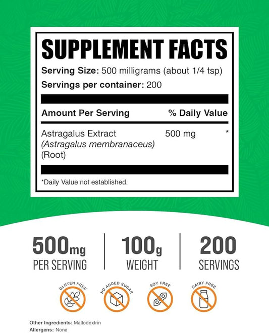 BulkSupplements.com Astragalus Extract Powder - from Astragalus Root, Astragalus Supplement - Vegan & Gluten Free, Astragalus Powder - 500mg per Serving, 100g (3.5 oz) (Pack of 1)