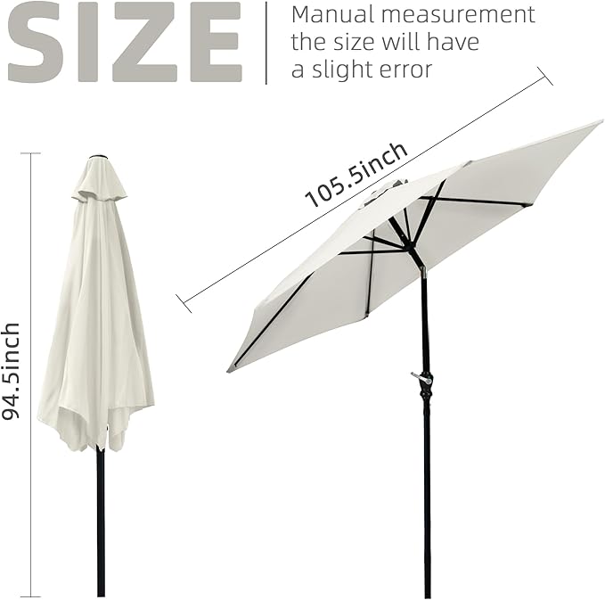 9FT Outdoor Patio Umbrella with Push Button Tilt and Crank, Beach Umbrella for Sun Shades, Market Umbrella with 6 Sturdy Metal Ribs, UV Resistant Waterproof for Garden, Backyard, Deck, Pool