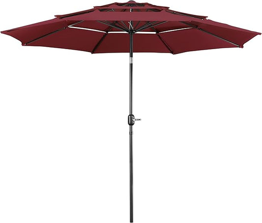 Yaheetech 3 Tier Patio Umbrella 10ft Vented Outdoor Large Market Table Umbrella with 8 Sturdy Ribs & 1.5" Umbrellla Pole, Double-layer Cloth & Push-button Tilting & Crank for Pool/Garden/Lawn Burgundy
