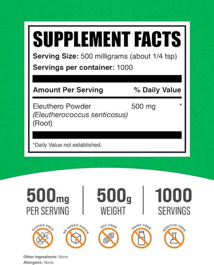 BulkSupplements.com Eleuthero Powder - Siberian Ginseng Powder, Eleutherococcus senticosus, Ginseng Herbal Supplements, Gluten Free, 500mg of per Serving, 500g (1.1 lbs) (Pack of 1)