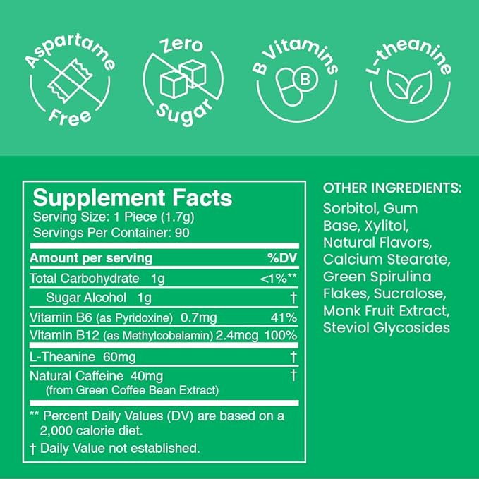 NeuroGum Energy Caffeine Gum (90 Pieces) - Sugar Free with L-theanine + Natural Caffeine + Vitamin B12 & B6 - Nootropic Energy & Focus Supplement for Women & Men - Keto & Vegan, Spearmint Flavor