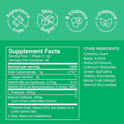 NeuroGum Energy Caffeine Gum (90 Pieces) - Sugar Free with L-theanine + Natural Caffeine + Vitamin B12 & B6 - Nootropic Energy & Focus Supplement for Women & Men - Keto & Vegan, Spearmint Flavor