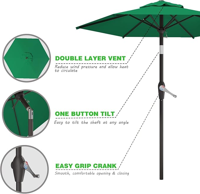 7.5FT Patio Umbrella Table Market Umbrella w/Tilt and Crank Heavy-Duty Round Outdoor Umbrellas for Garden, Deck, Backyard, Pool and Beach, Dark Green
