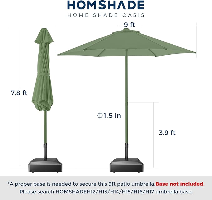 9ft Outdoor 1S Push-Up Patio Umbrella - Market Table Pool Deck Umbrella UPF50+ UV Protection with 6 Sturdy Ribs for Balcony, Garden, Lawn, Backyard (Morandi Green)