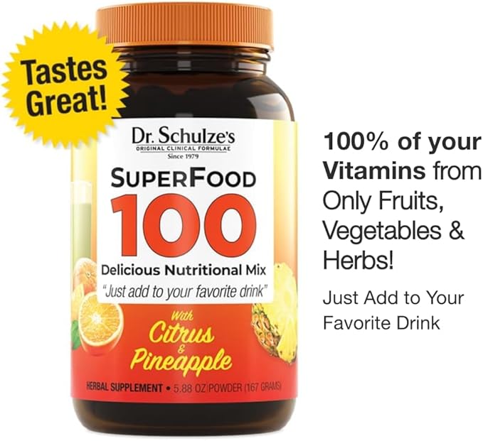 Dr. Schulze's SuperFood 100 Nutritional Mix100% Vitamins | Only Fruits, Vegetables & Herbs | Citrus Pineapple Flavor Powder 5.88 oz | 30 Servings